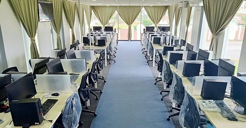 Rows of computer workstations