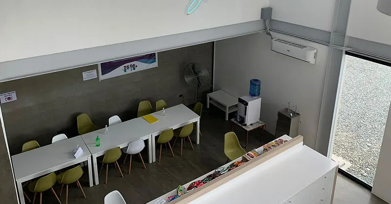 Coworking area with long shared tables