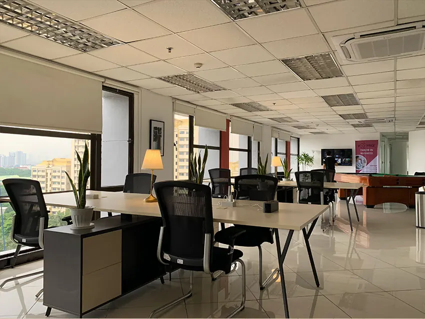 Open-plan workspace with city views