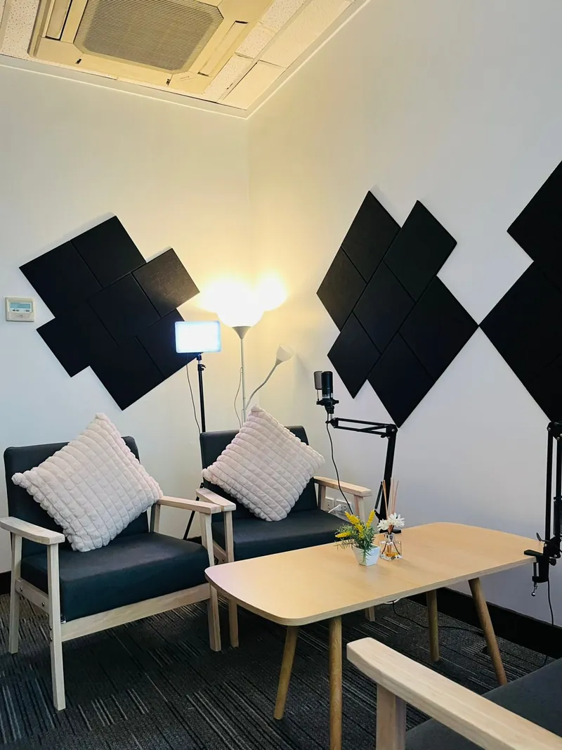 Interview corner with two armchairs, boom microphones and an LED light