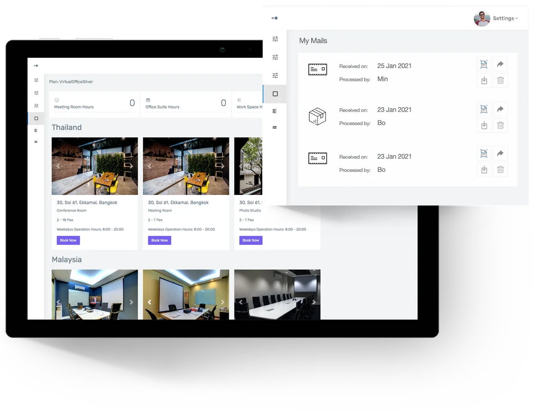 vOffice client portal showing call logs, scanned mail and meeting room booking